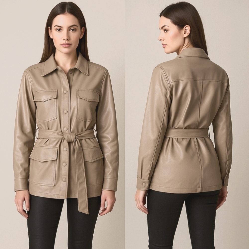 Fashion Nova Taupe Faux Leather Belted Jacket